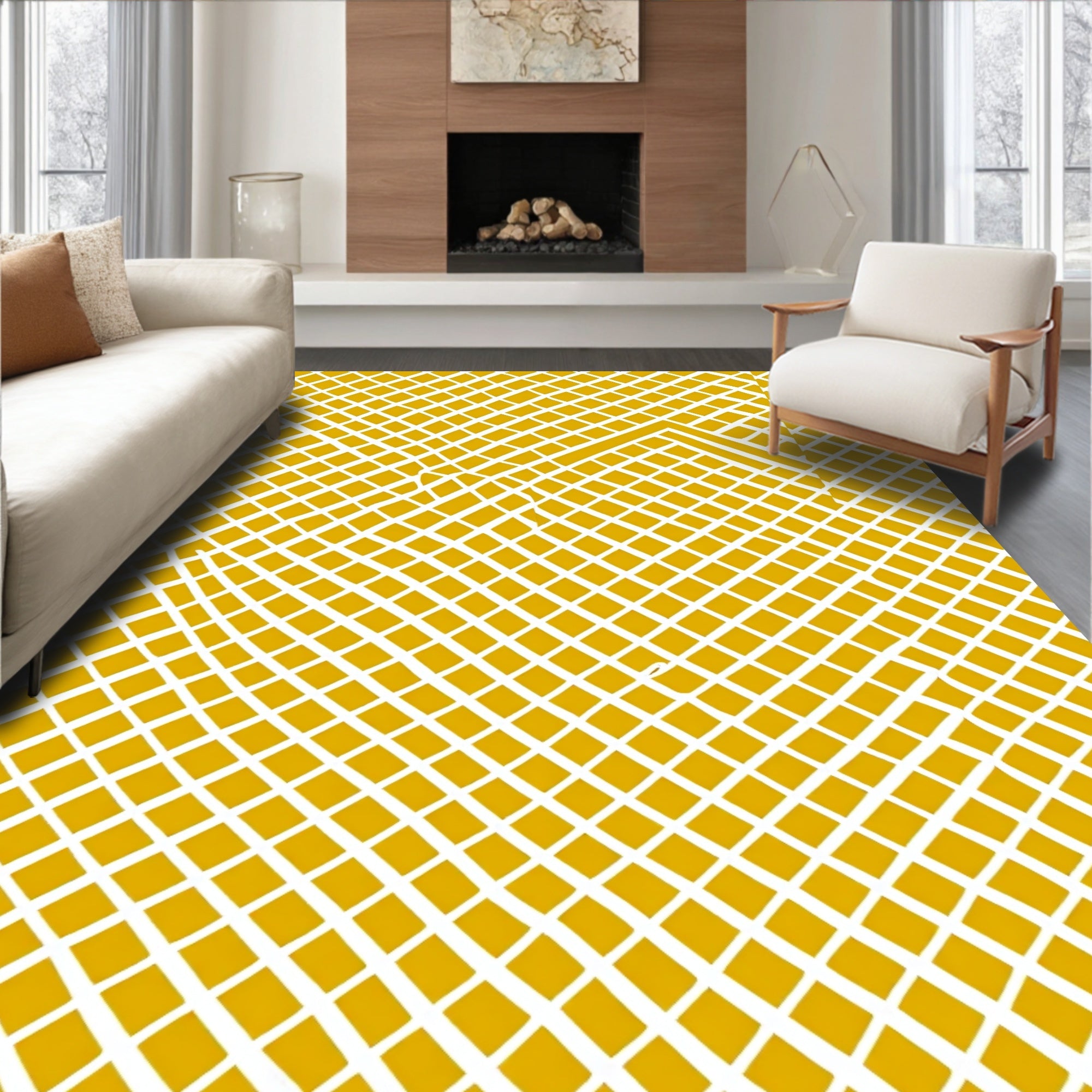 Golden Grid Abstract Pattern Rug