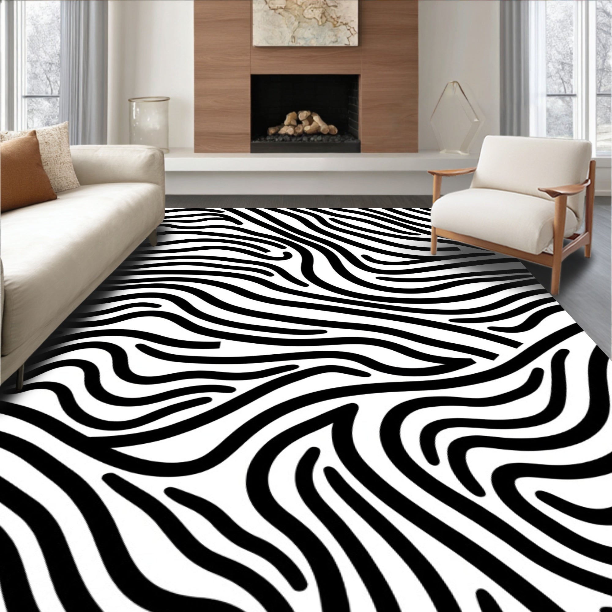 Bold Black White Wavy Stripe Rug
