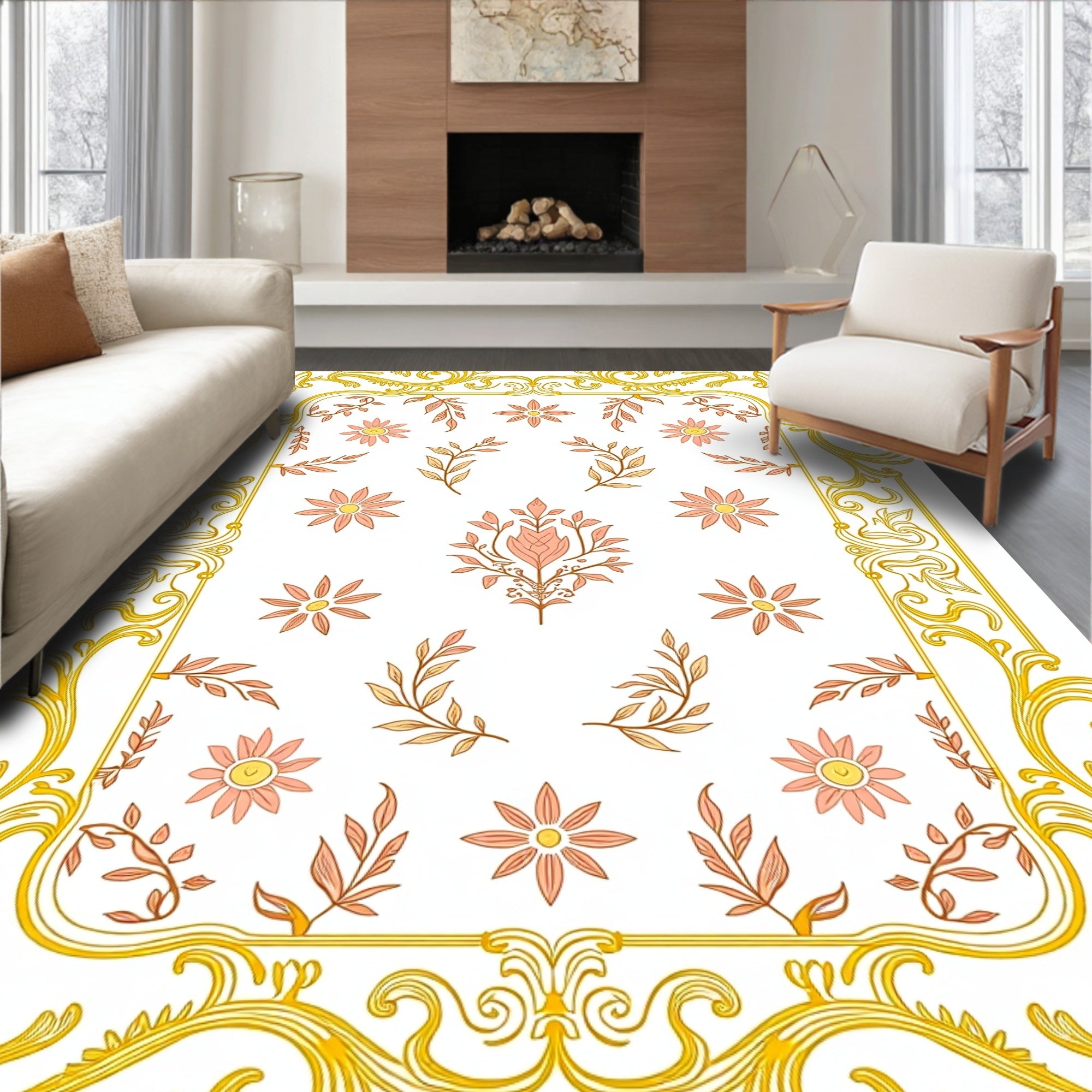 Golden Ornamental Floral Pattern Rug