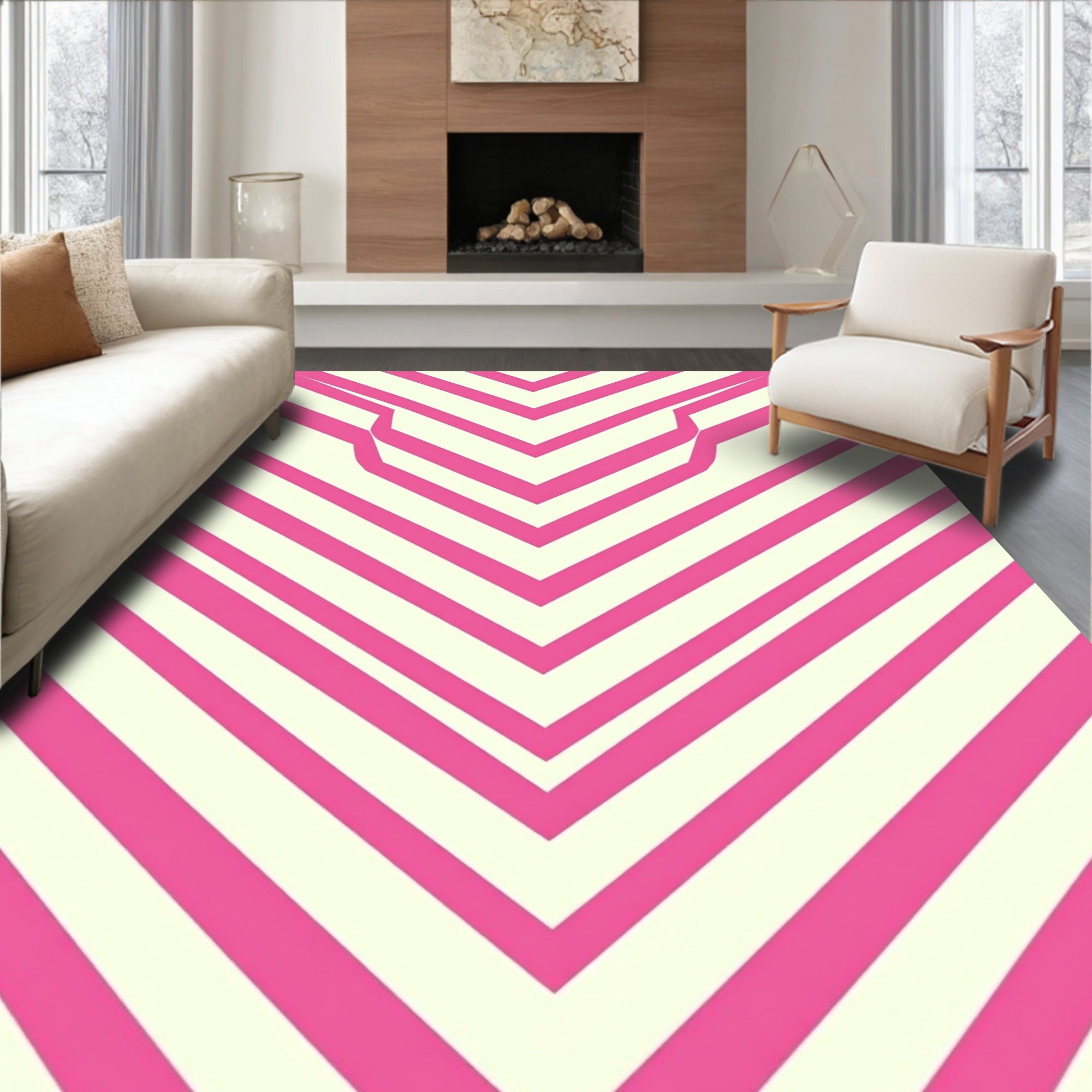 Pink White Chevron Stripe Design Rug