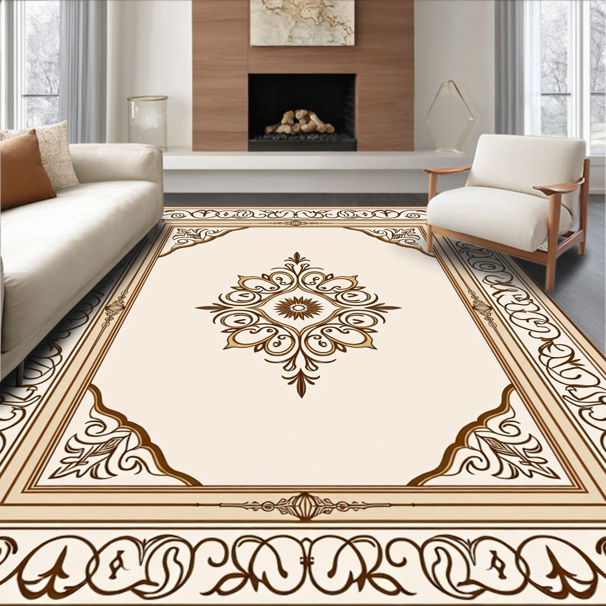 Classic Ornamental Scrollwork Cream Rug