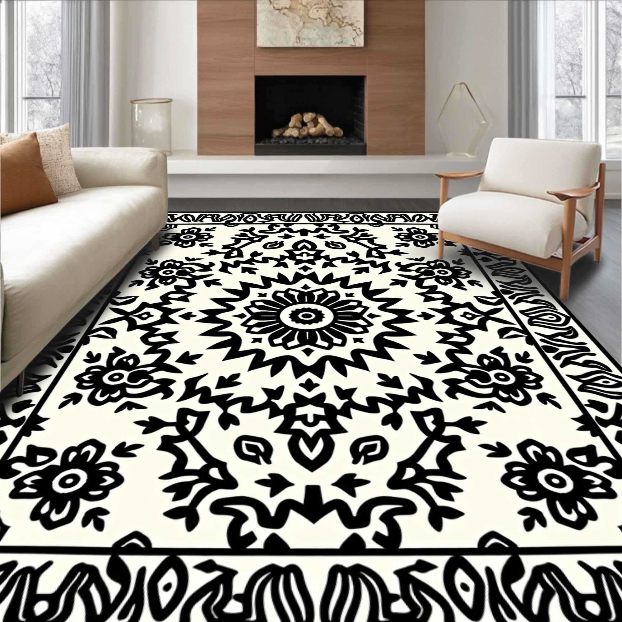 Bold Black Floral Mandala Pattern Rug