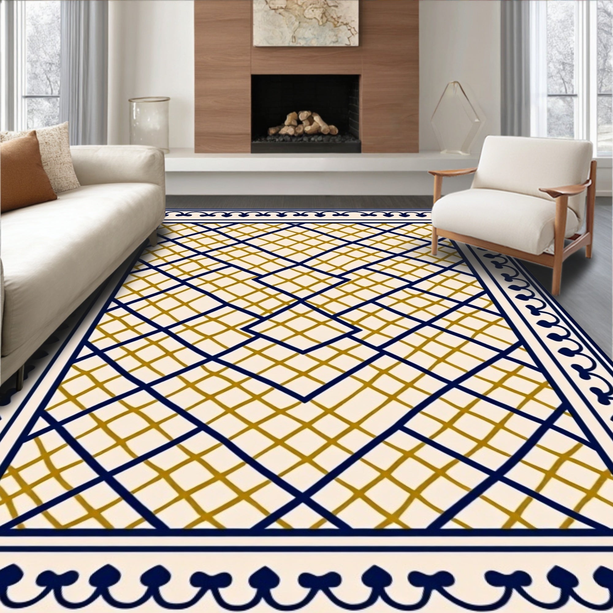 Navy Gold Lattice Overlay Rug