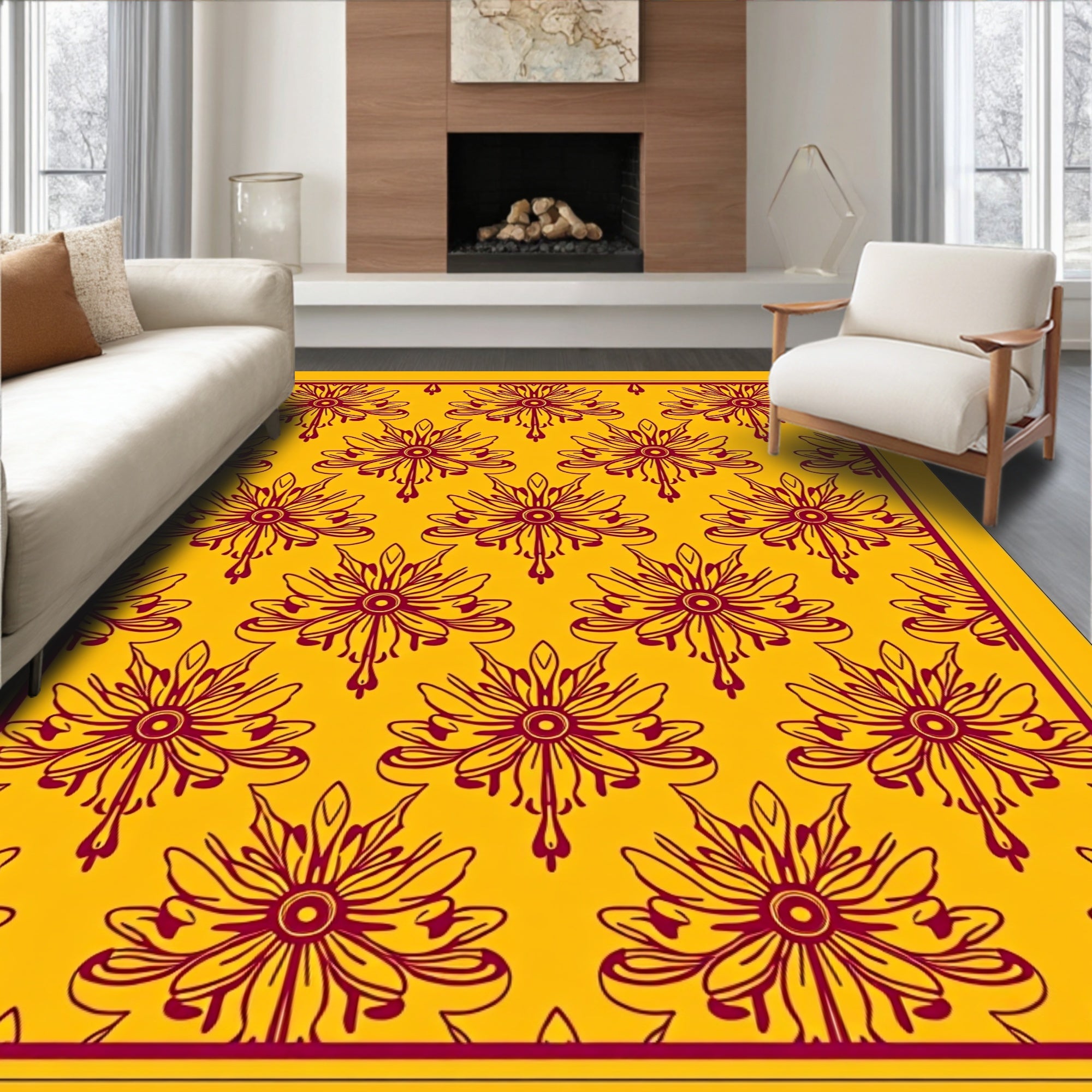 Golden Yellow Floral Motif Rug