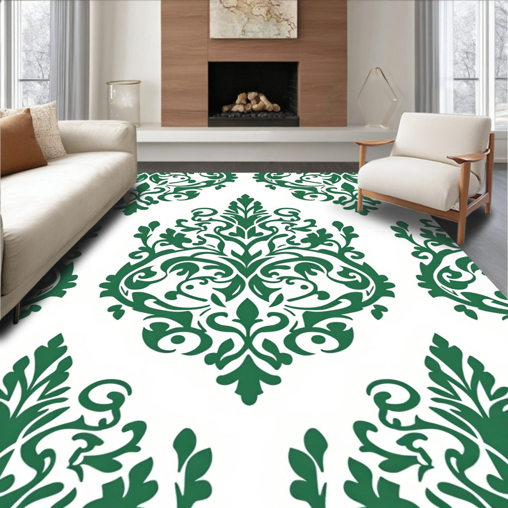 Damask Inspired Emerald Scroll Pattern Rug