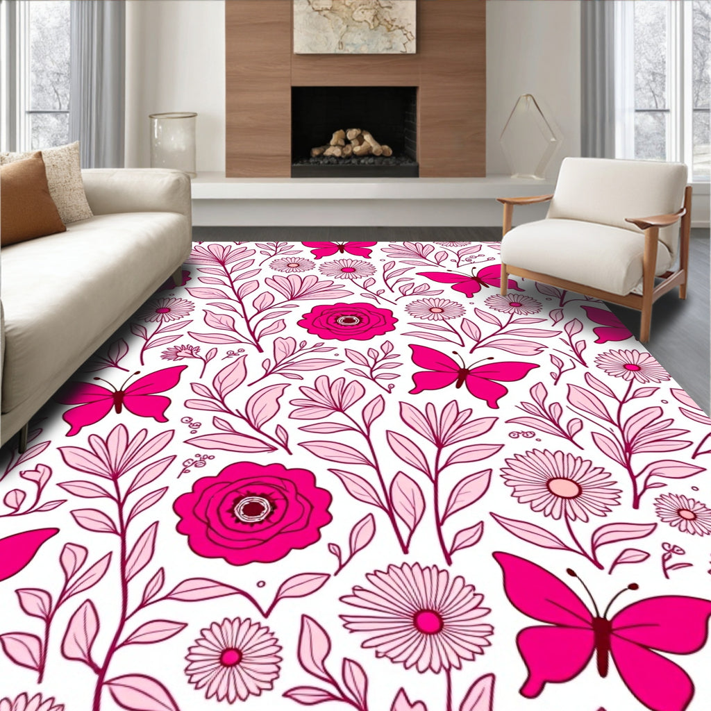 Charming Pink Butterfly Floral Pattern Rug