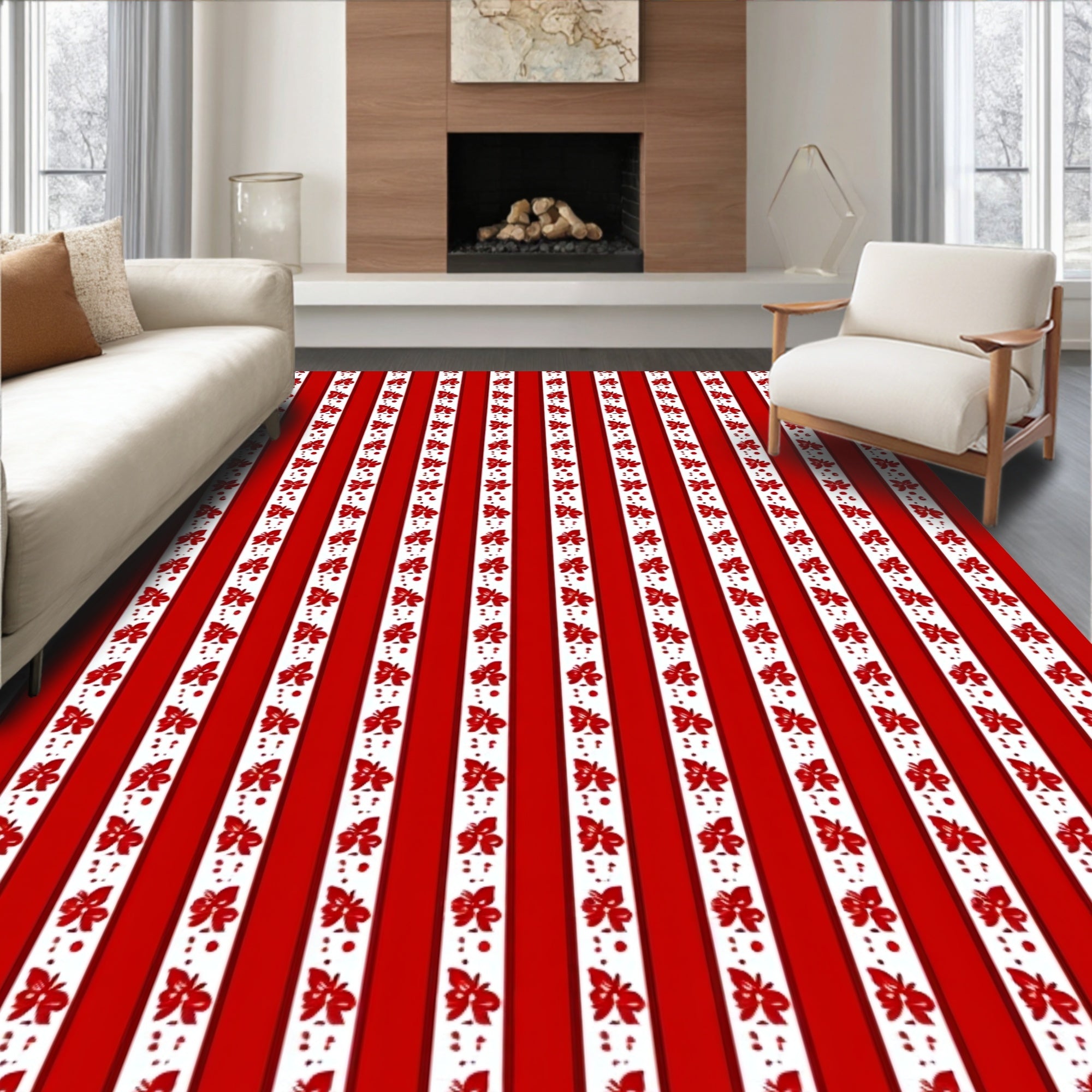 Red White Stripe Butterfly Pattern Rug