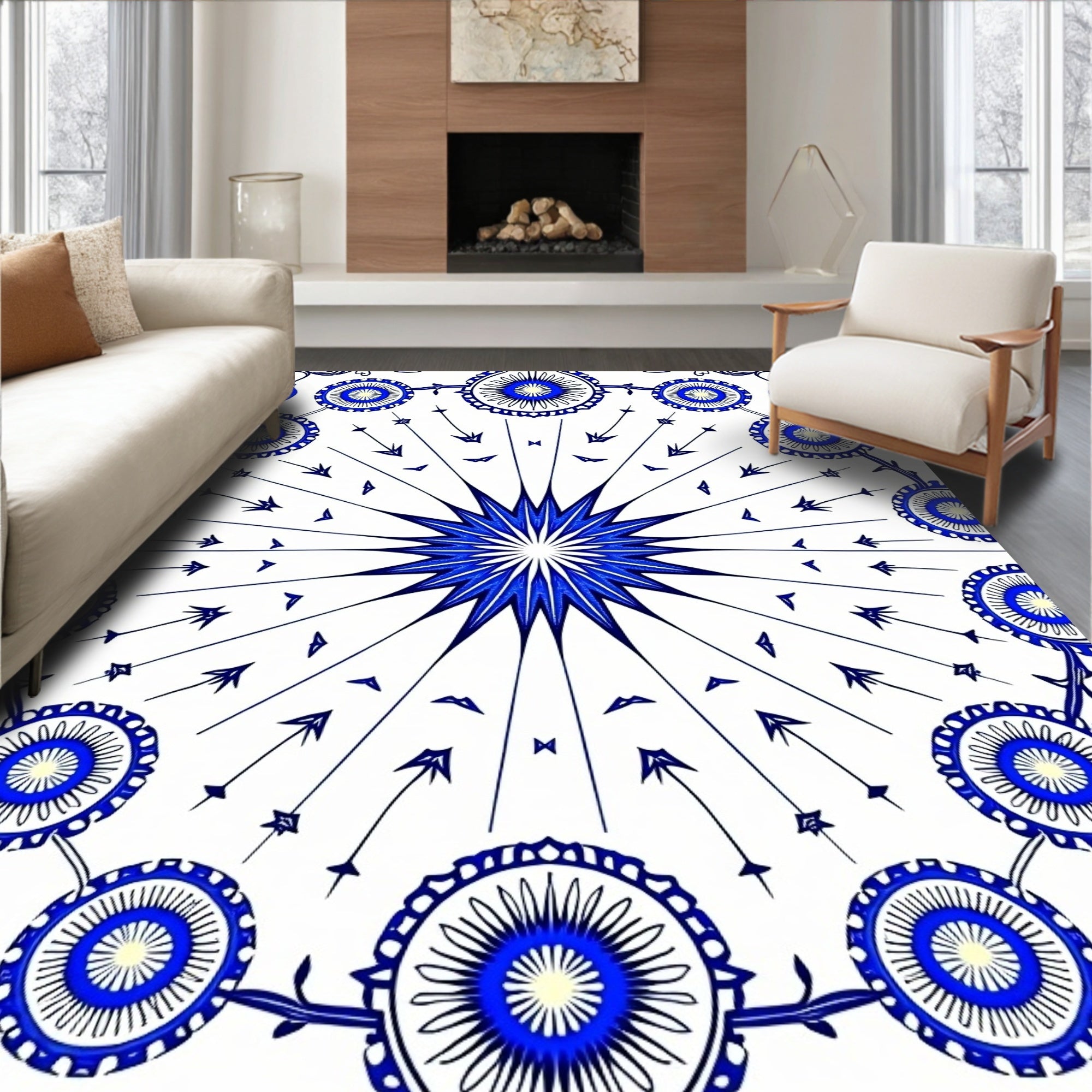 Bright Blue Starburst Floral Pattern Rug