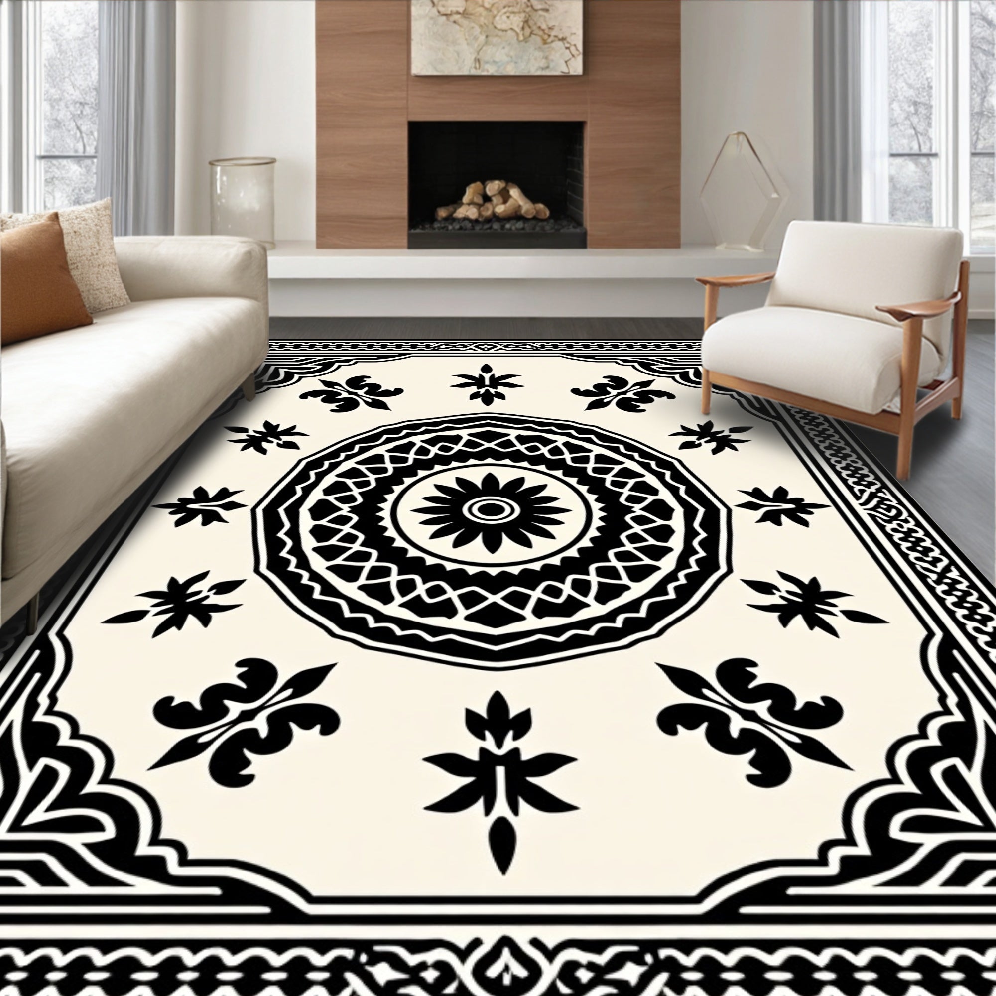 Black and Cream Ornamental Medallion Rug