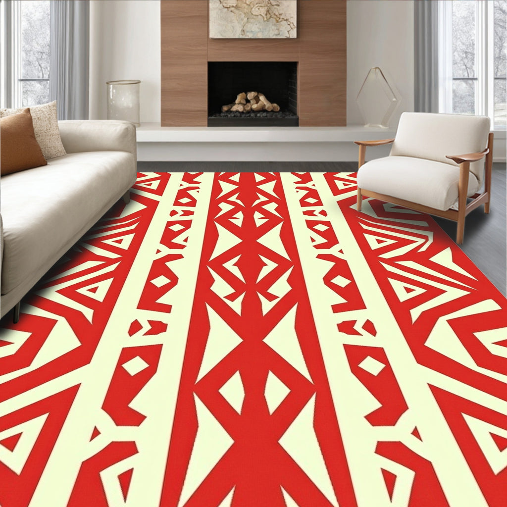 Red And Cream Tribal Stripe Design Rug