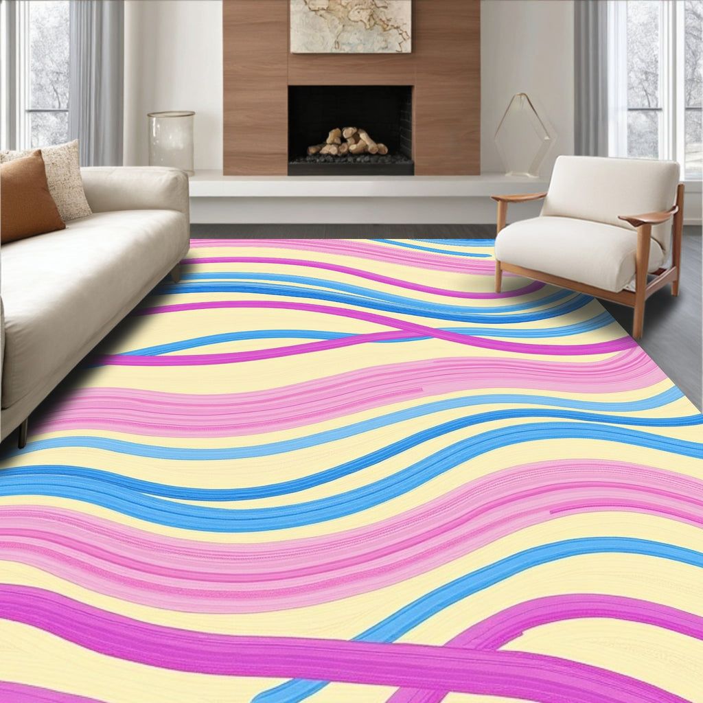 Flowing Pink Blue Stripe Design Rug
