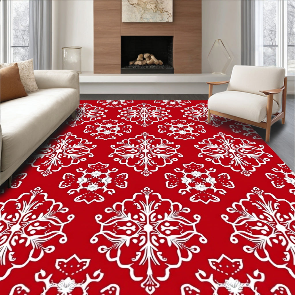 Classic Red White Damask Style Rug