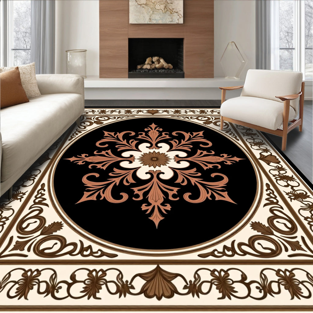 Rich Black Floral Ornament Pattern Rug