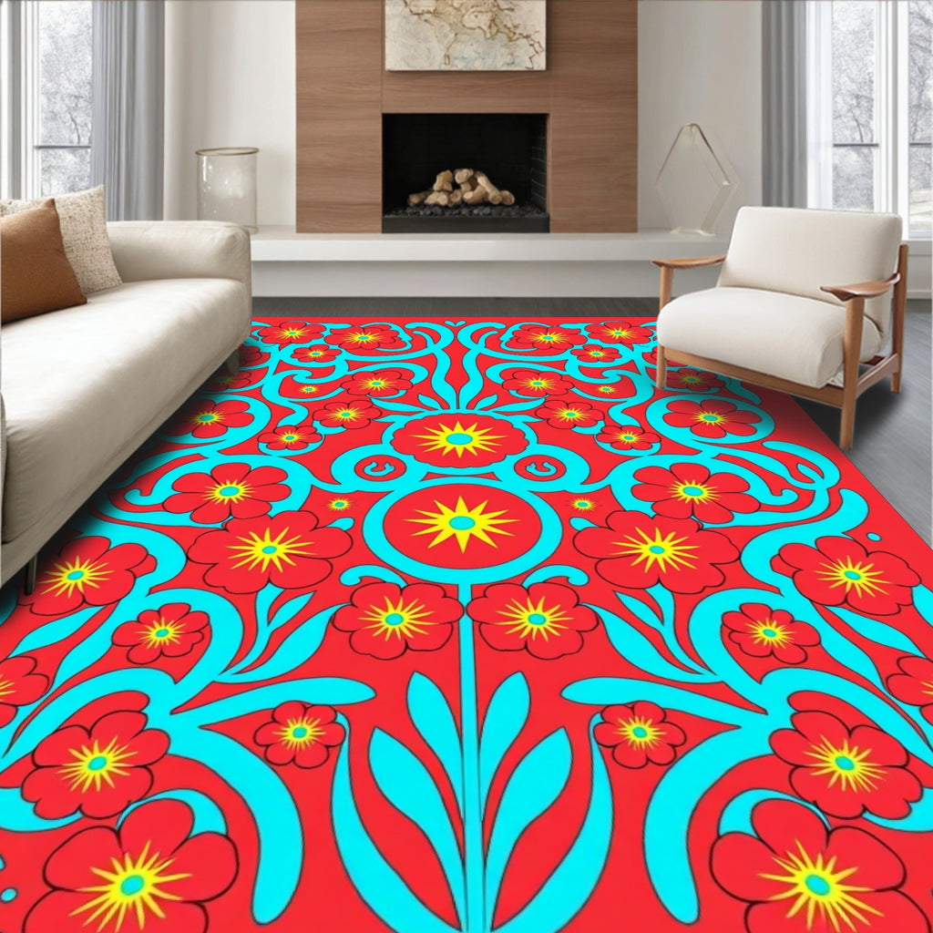 Bold Red Floral Pattern Rug