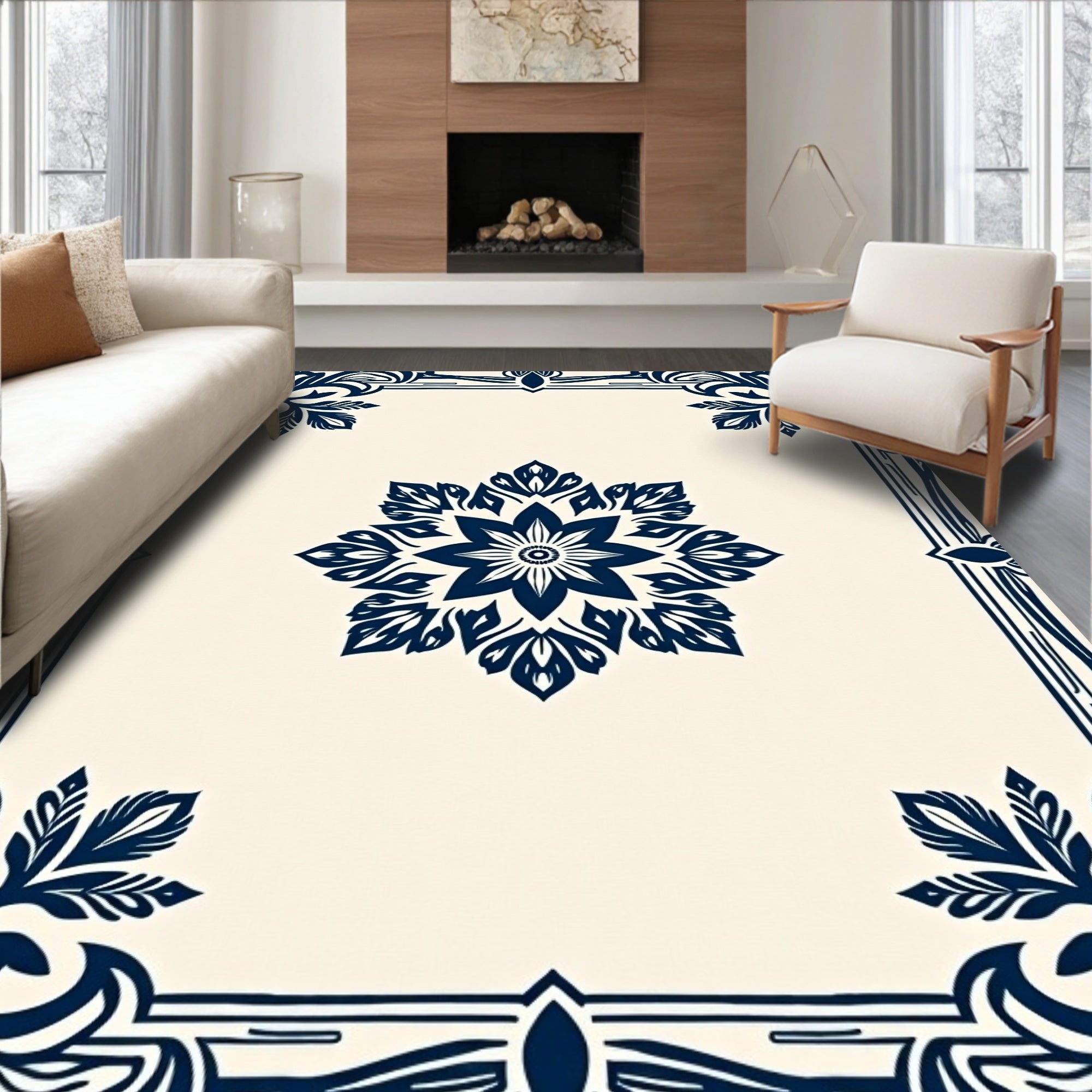 Navy Floral Mandala Pattern Rug