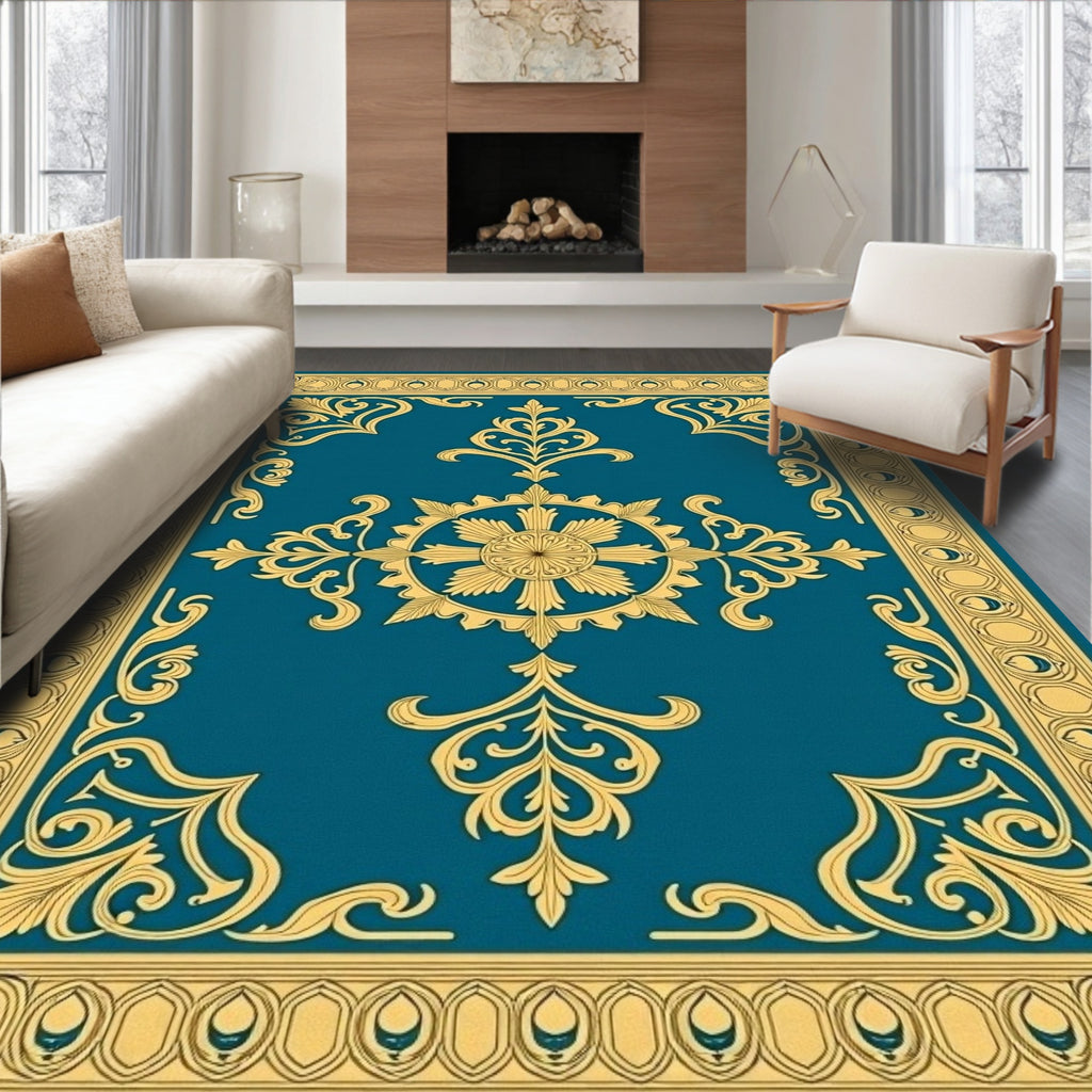 Ornate Golden Teal Scrollwork Rug