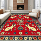 Red Floral Cat Patterned Design Rug