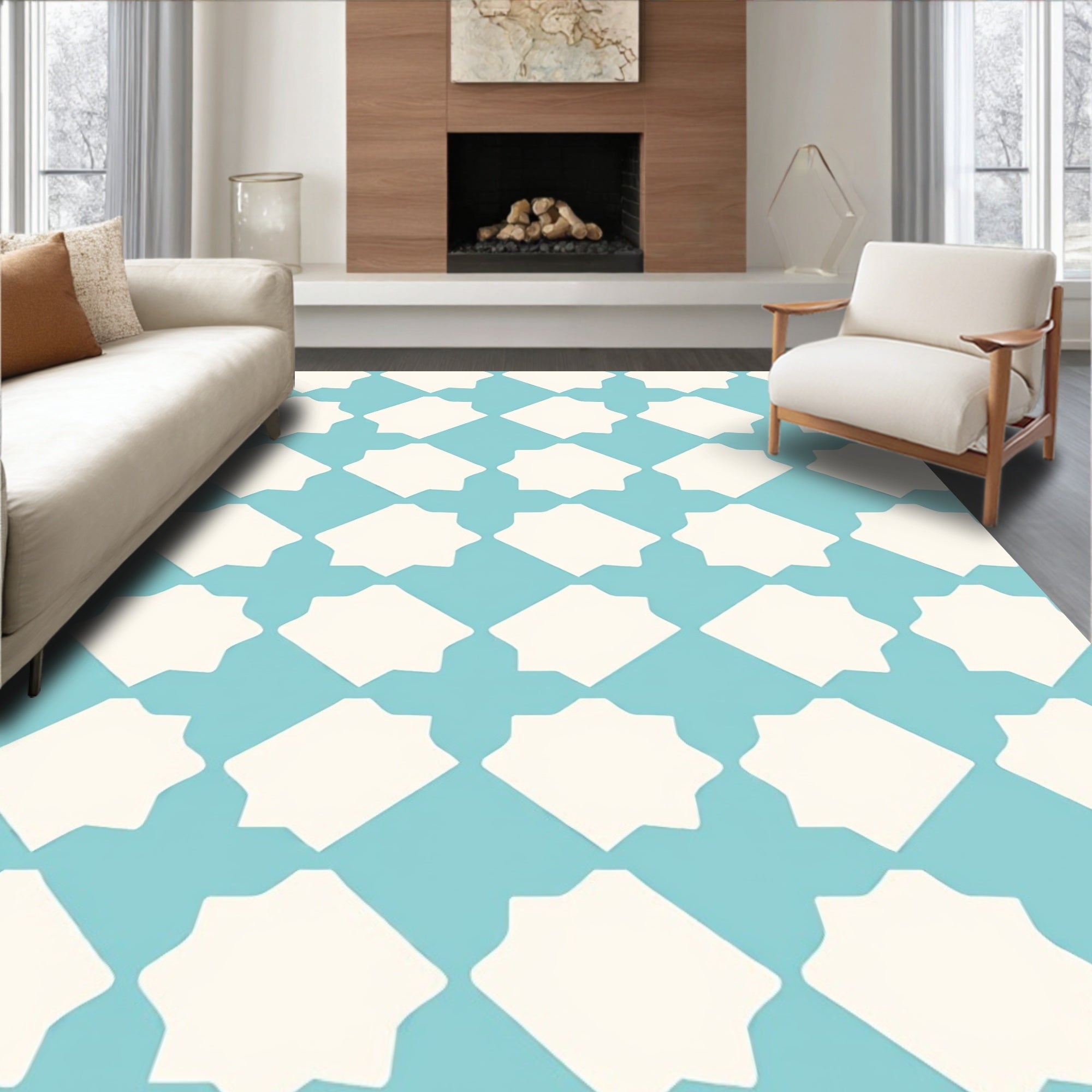 Aqua White Geometric Lattice Design Rug