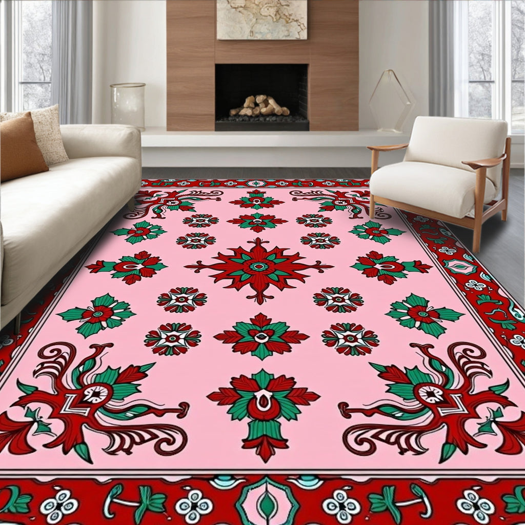 Ornate Red Green Floral Pattern Rug