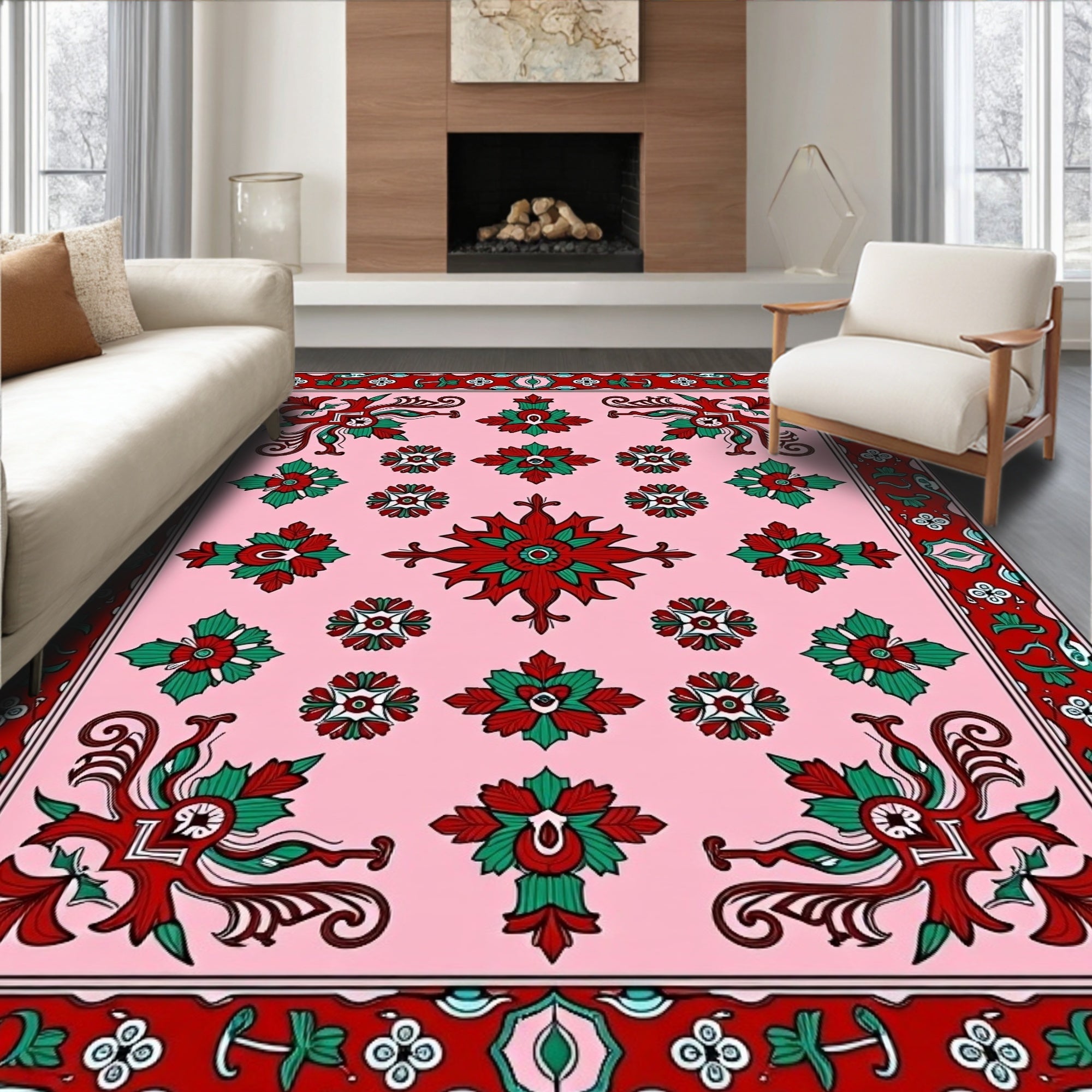 Ornate Red Green Floral Pattern Rug