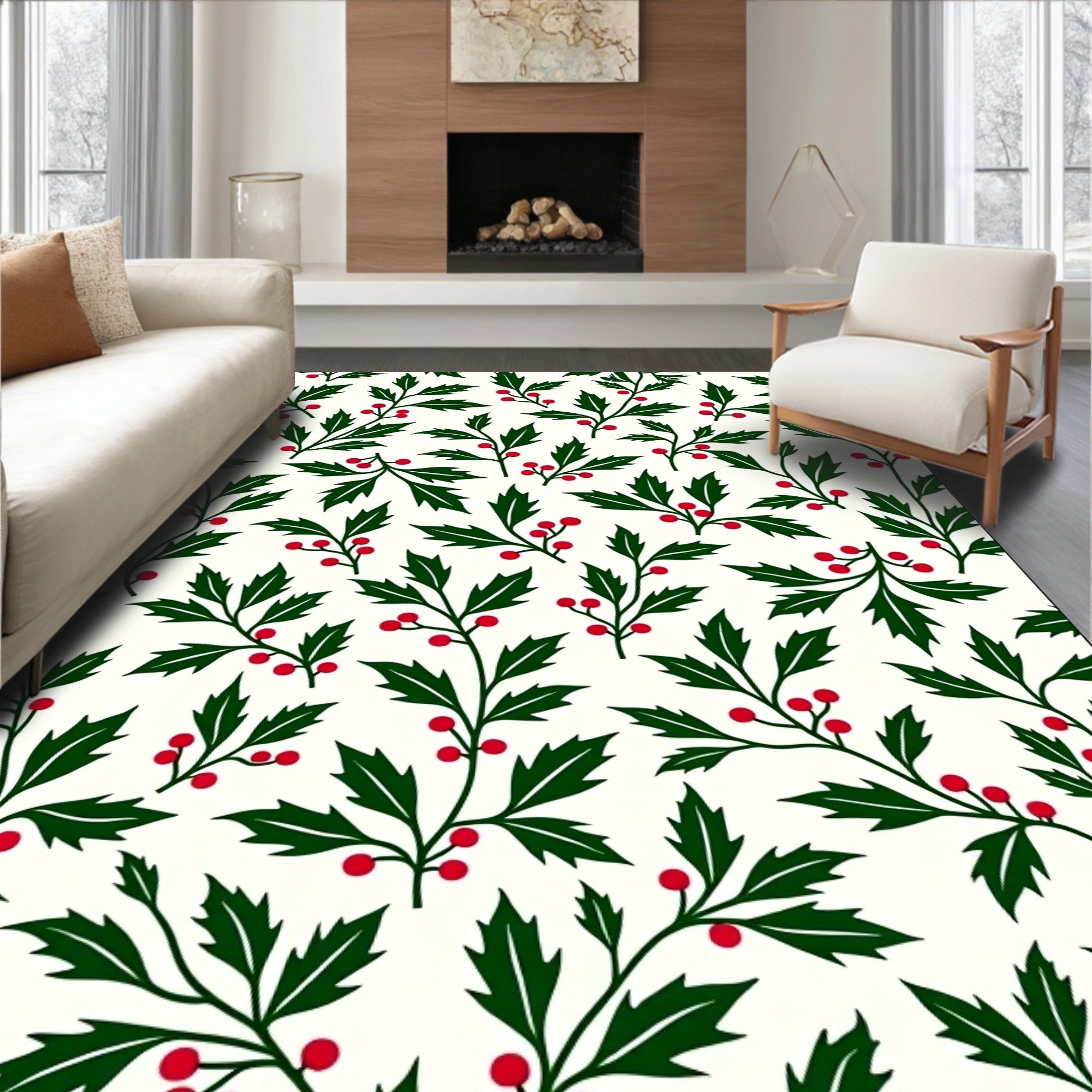 Evergreen Holly Berry Branch Arrangement Rug