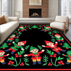 Festive Elves Border with Holly and Pine Christmas Rug
