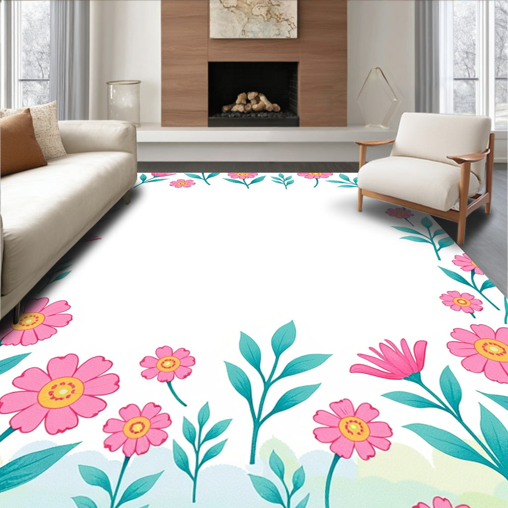 Whimsical Pink Floral Branch Border Rug