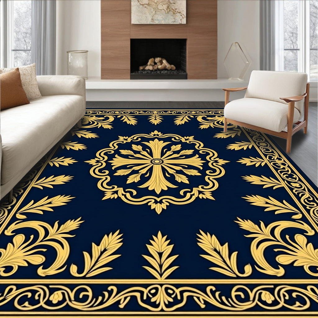 Royal Blue Gold Traditional Floral Design Rug
