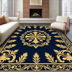 Royal Blue Gold Traditional Floral Design Rug