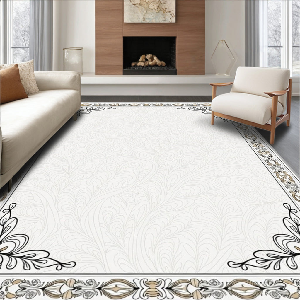 Elegant Light Beige Floral Scroll Border Rug