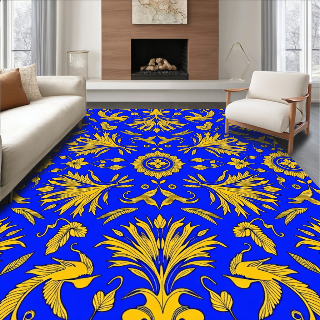 Royal Blue Yellow Floral Bird Pattern Rug