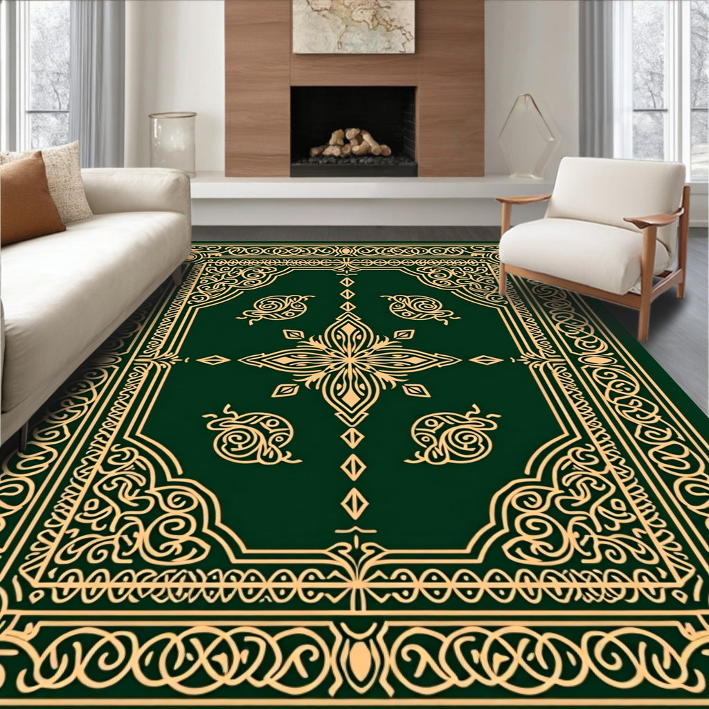Ornate Emerald Golden Floral Embrace Rug