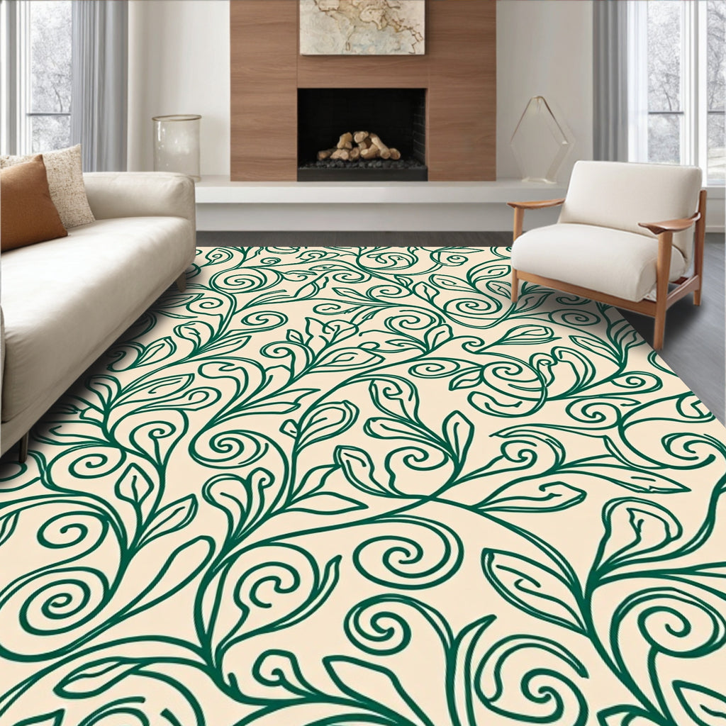 Elegant Green Swirl Floral Vines Rug