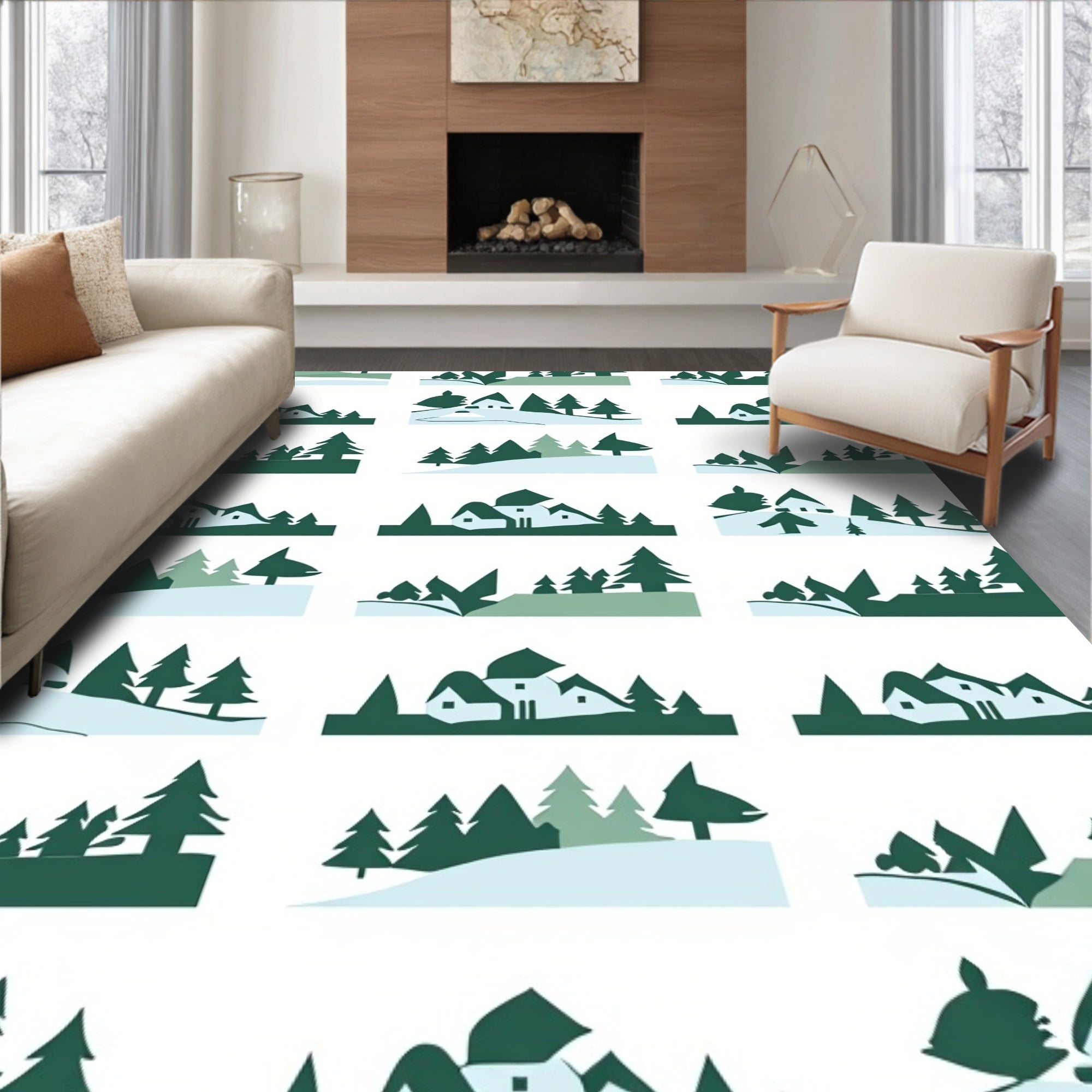 Winter Landscape Houses Pines Pattern Rug