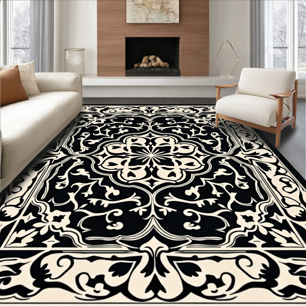 Classic Black White Floral Medallion Design Rug
