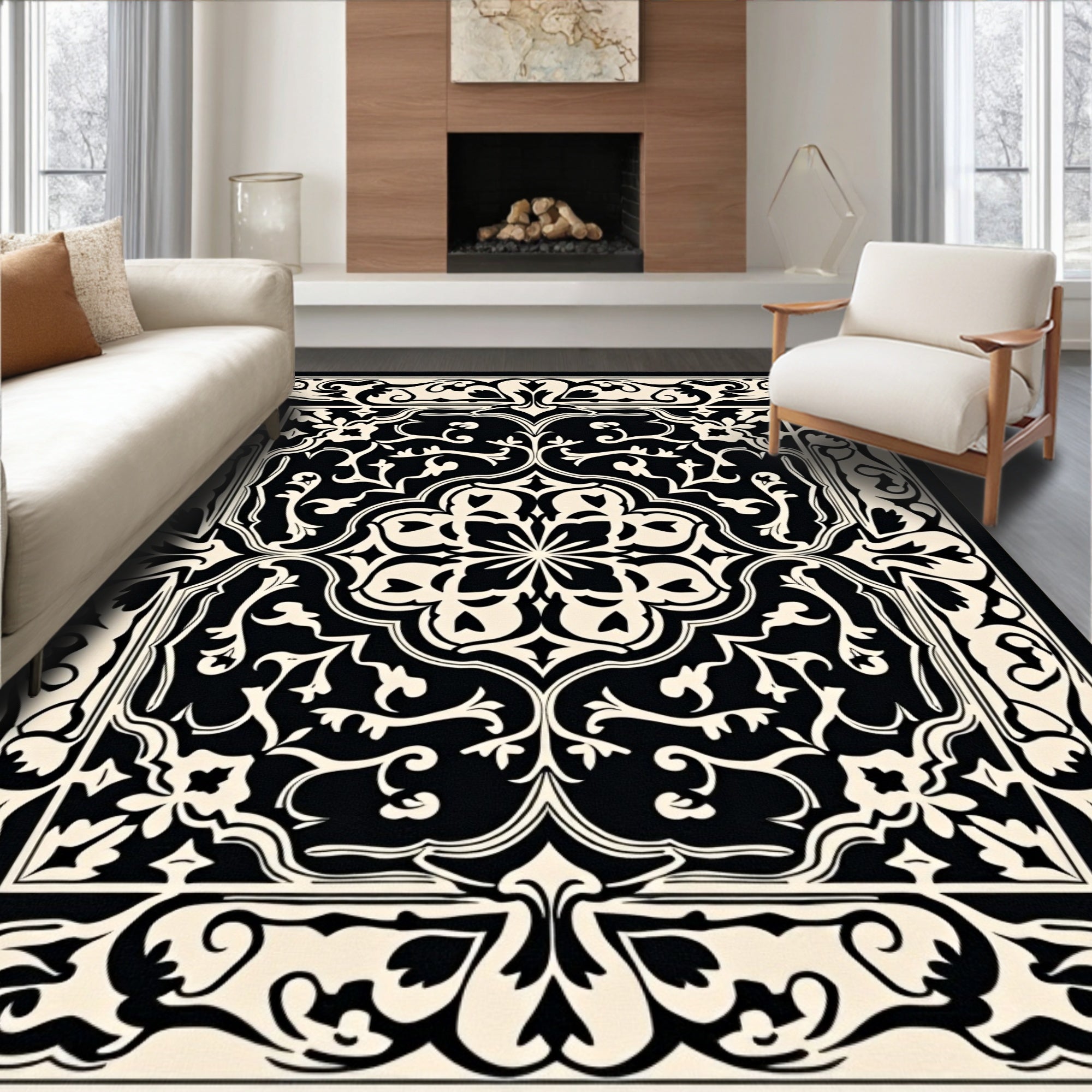 Classic Black White Floral Medallion Design Rug