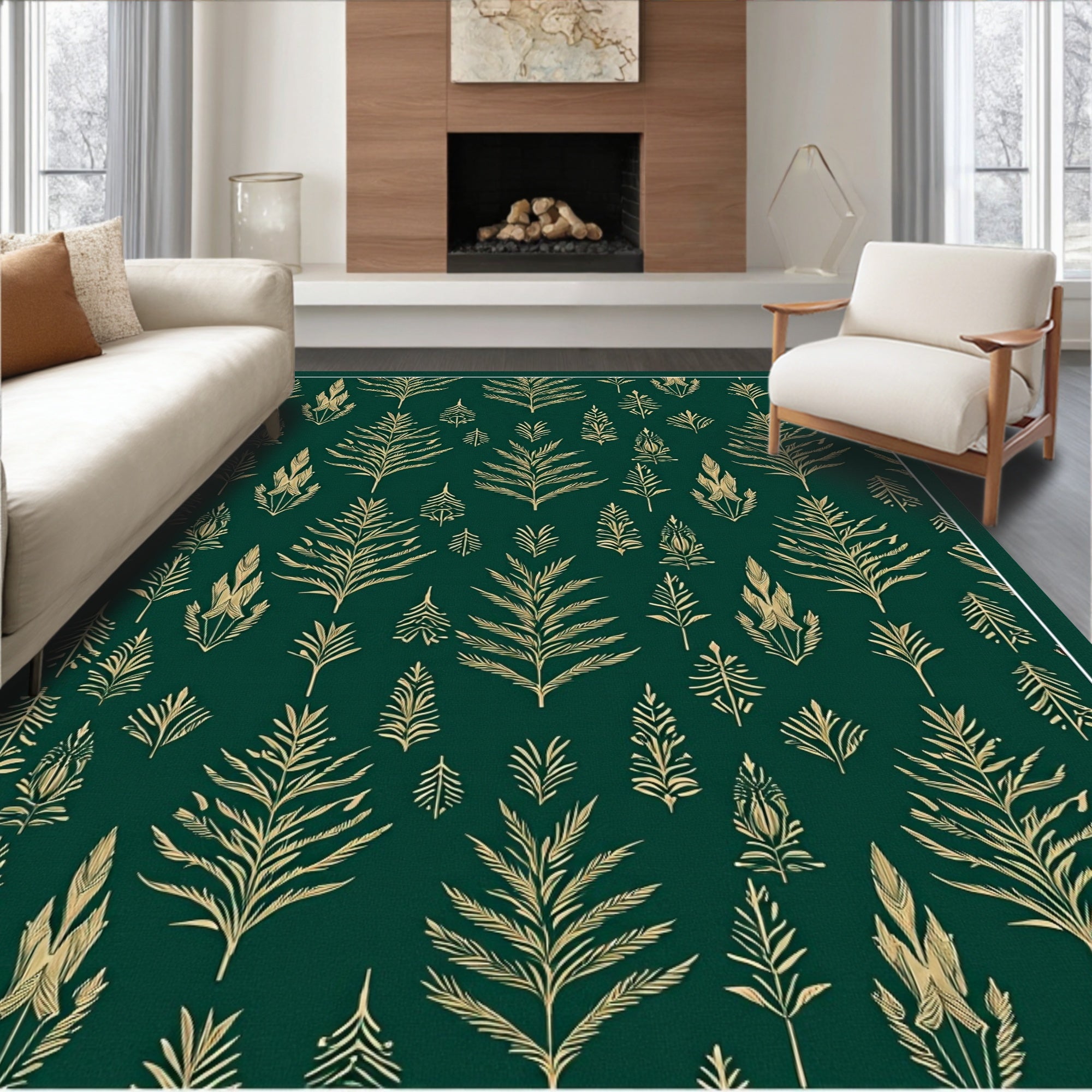Deep Green Gold Leaf Pattern Rug