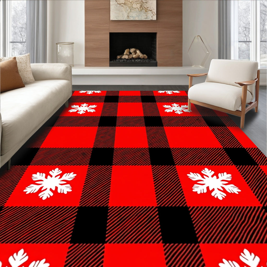 Red Black Buffalo Plaid Snowflake Design Rug