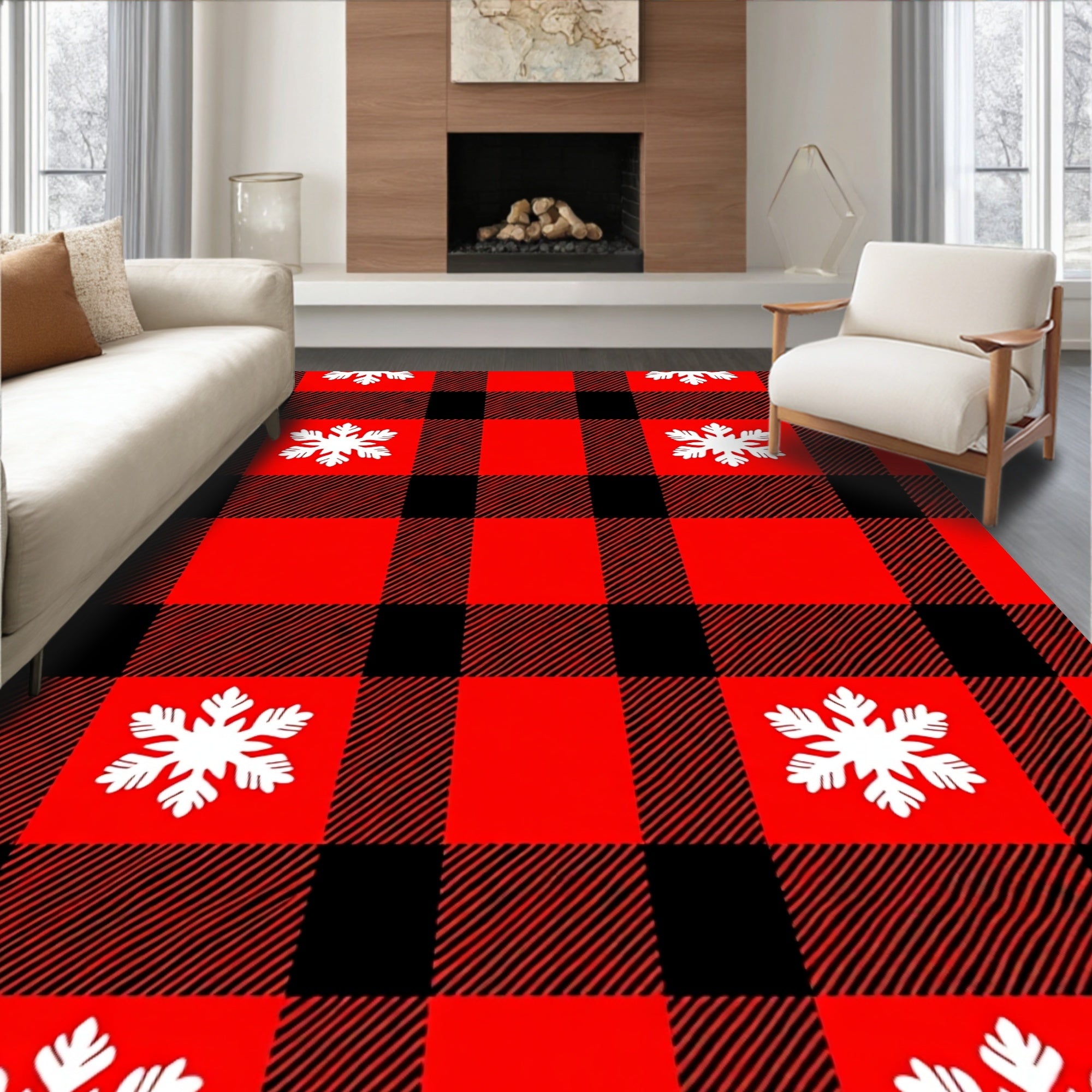 Red Black Buffalo Plaid Snowflake Design Rug