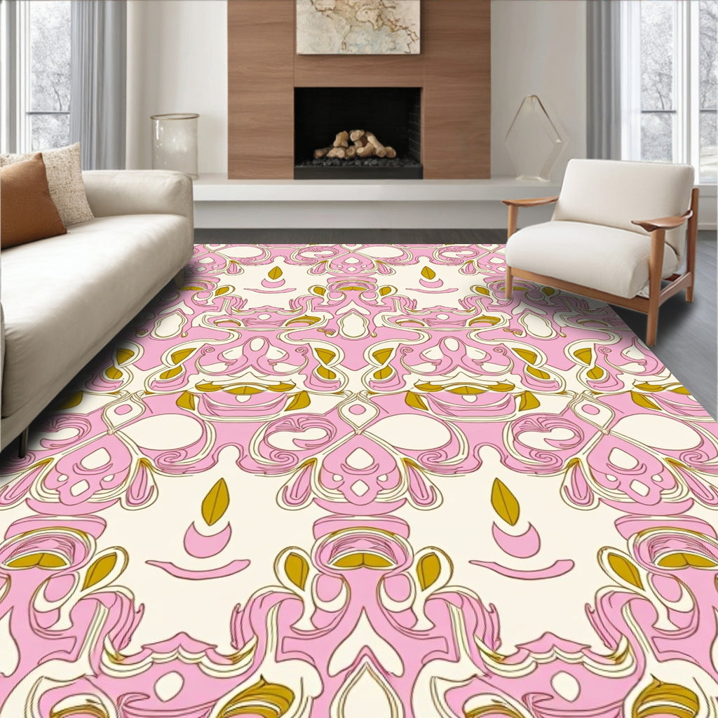 Pink Gold Ornate Scroll Pattern Rug