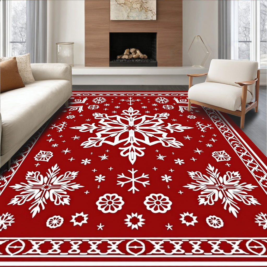 Bold Red Snowflake Festive Pattern Rug