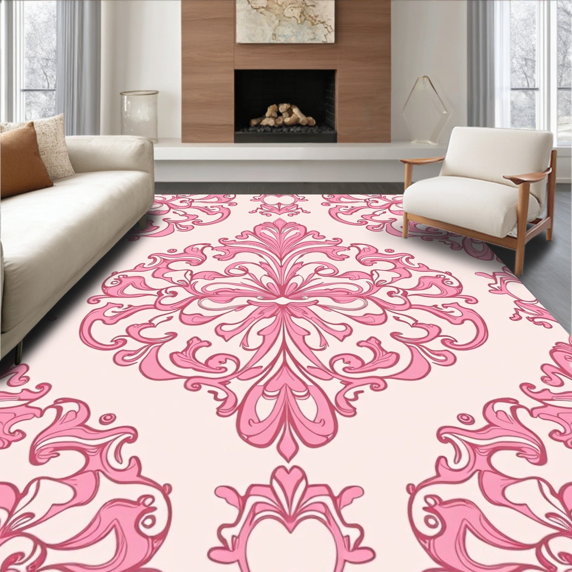Pink Baroque Floral Pattern Design Rug
