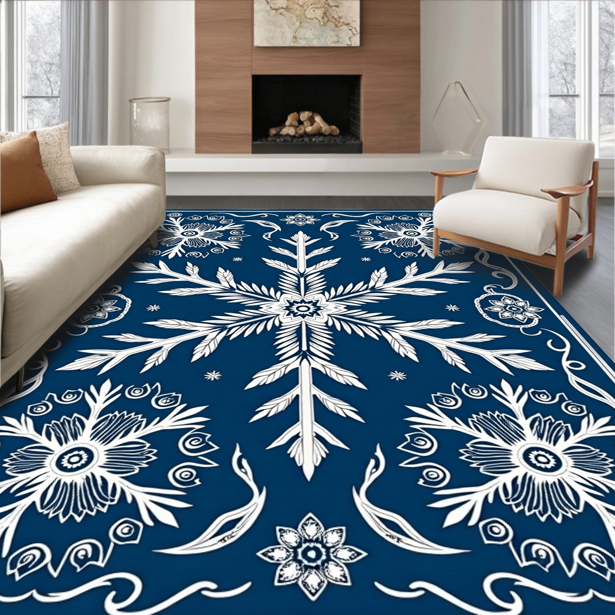 White Floral Snowflake Motif Rug