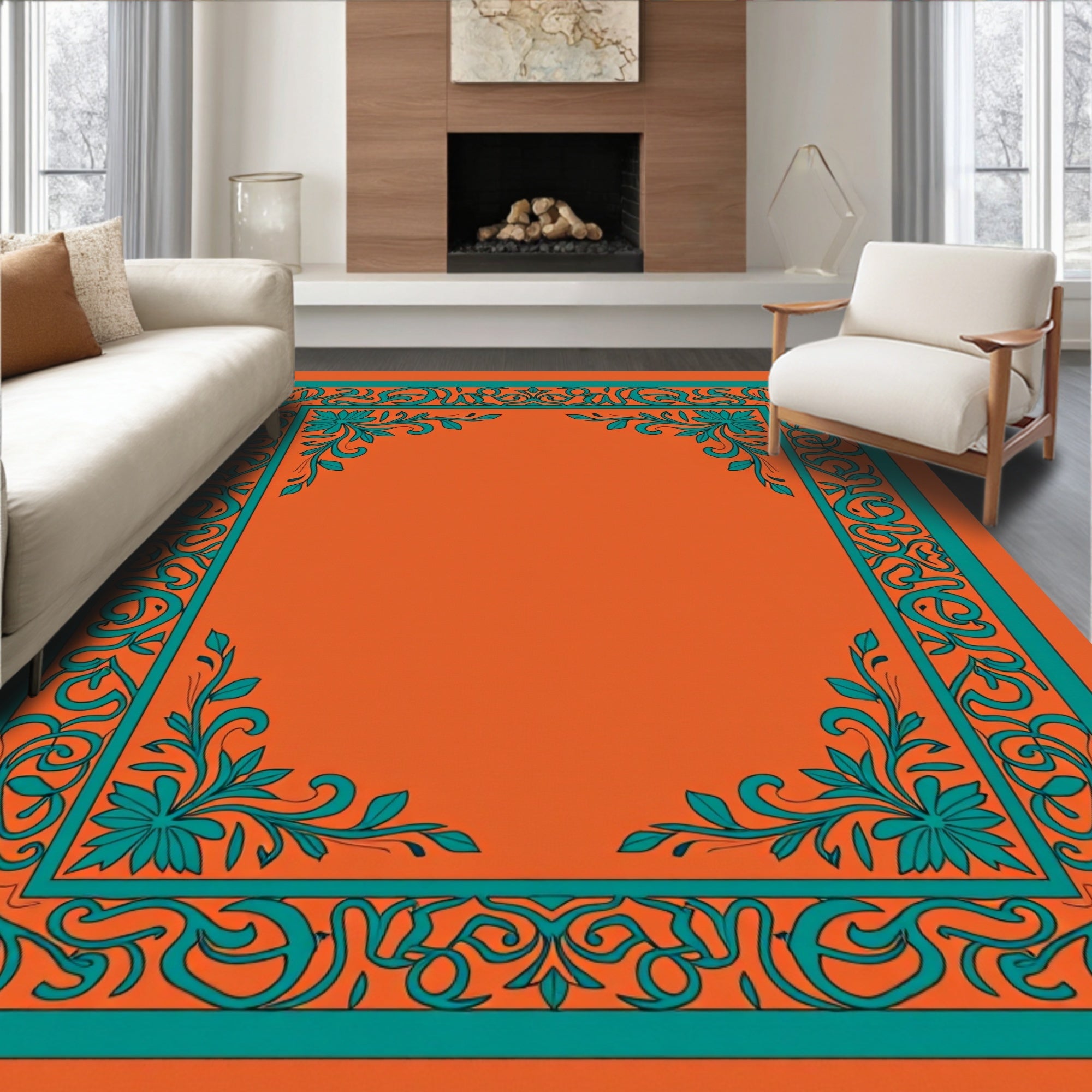 Terracotta Teal Floral Border Rug