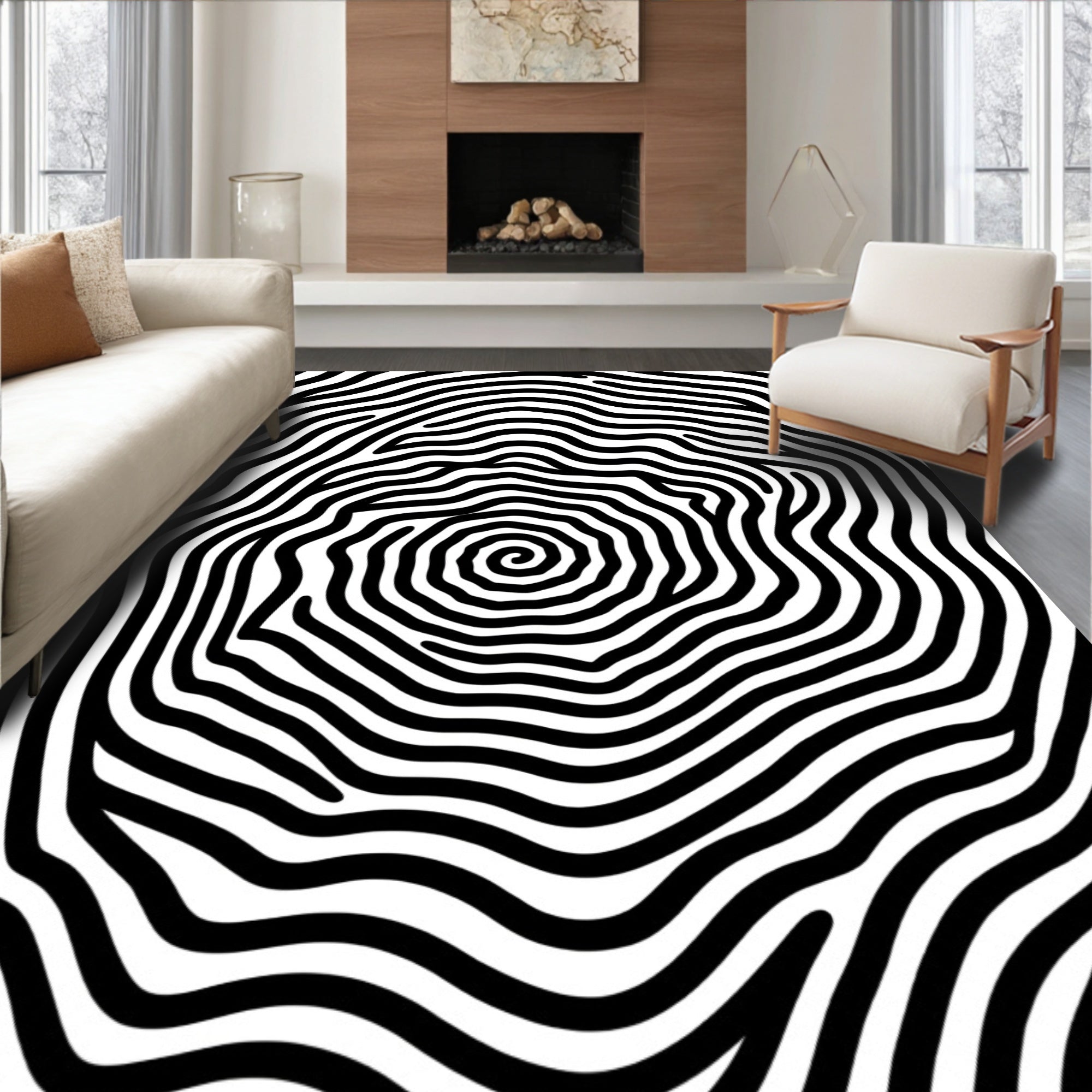 Black abstract organic round lines Rug