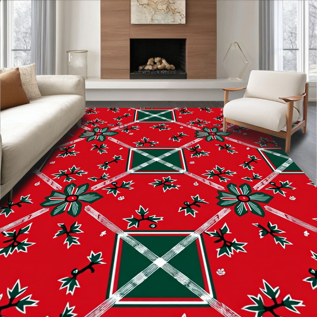 Red Green Floral Plaid Pattern Rug