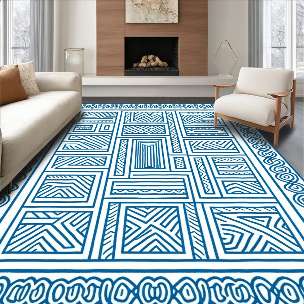 Blue White Geometric Line Art Rug
