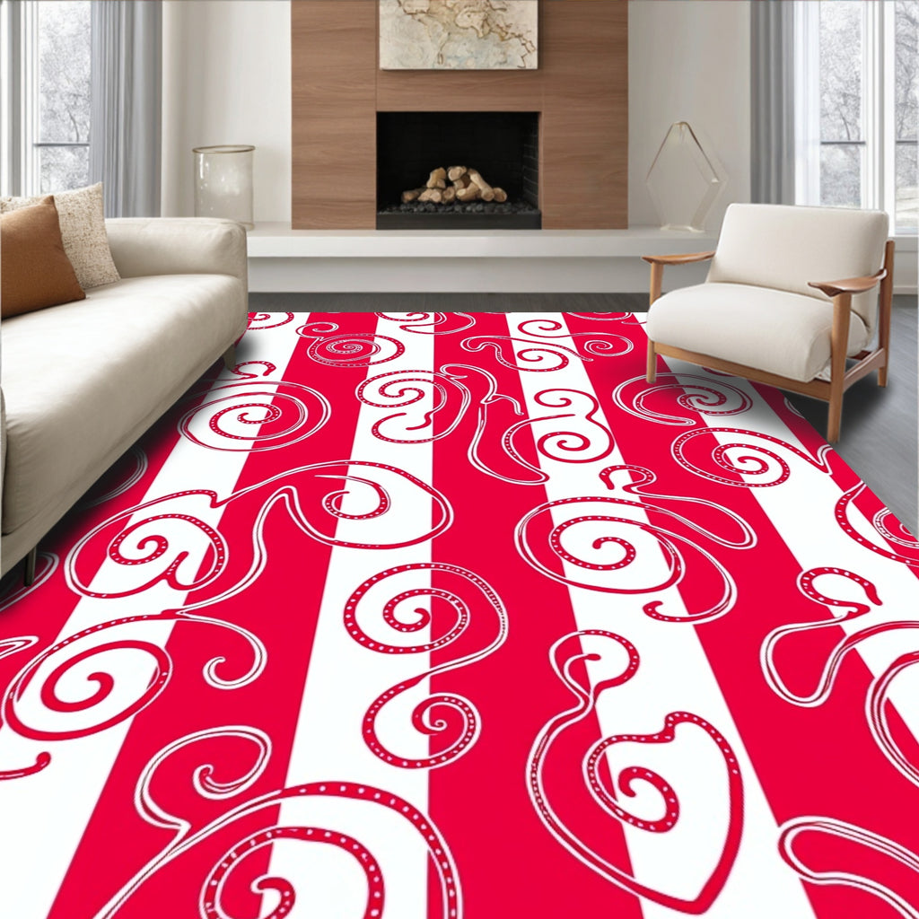 Crimson White Whimsical Swirl Stripes Rug