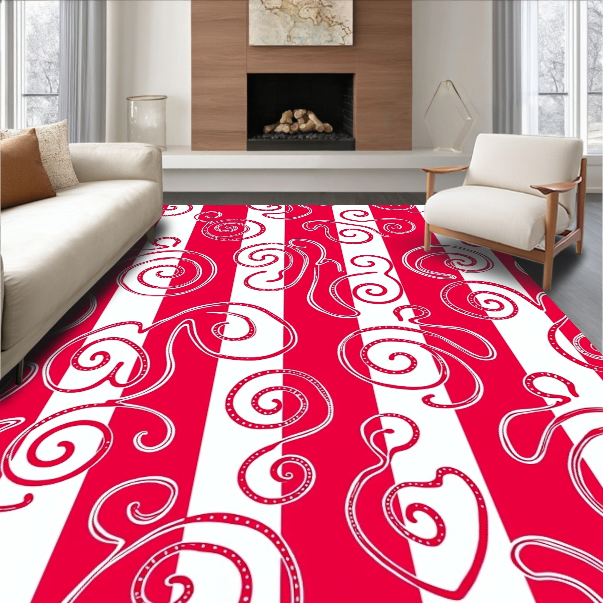 Crimson White Whimsical Swirl Stripes Rug