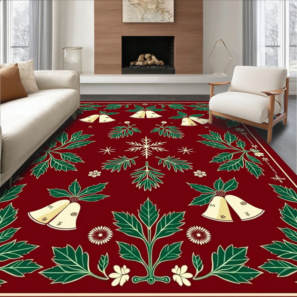 Red Festive Holly Bells Snowflakes Rug